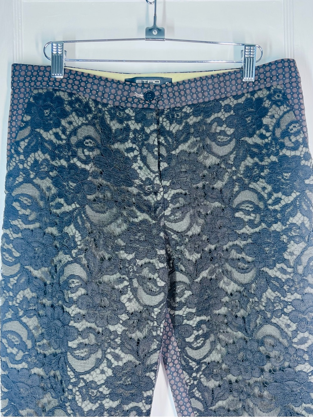 Archival Vintage ETRO Lace Overlay Straight Leg Trousers Contrasting Back